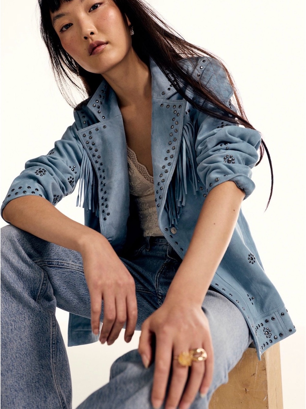 NWT Free People We The Free Pearl Blue Suede Studded Blazer Size M